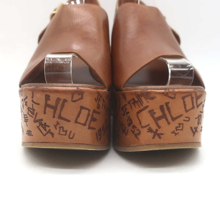 Chloe Maxime Platform Slingback Wedge Sandals Brown Leather Size 37