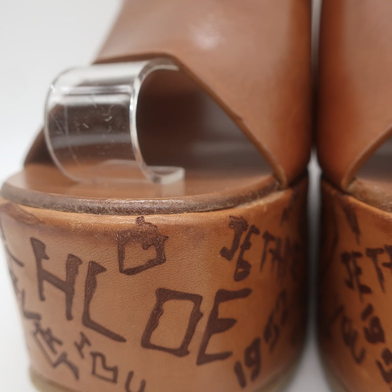 Chloe Maxime Platform Slingback Wedge Sandals Brown Leather Size 37