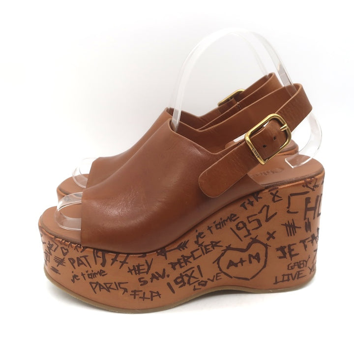 Chloe Maxime Platform Slingback Wedge Sandals Brown Leather Size 37
