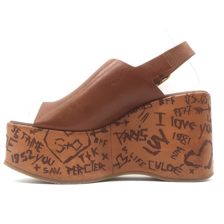 Chloe Maxime Platform Slingback Wedge Sandals Brown Leather Size 37