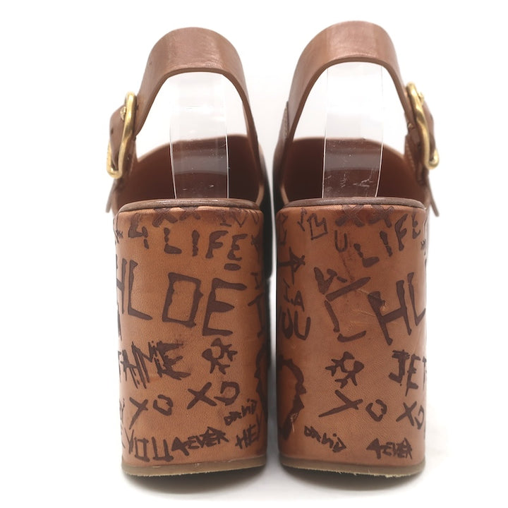 Chloe Maxime Platform Slingback Wedge Sandals Brown Leather Size 37