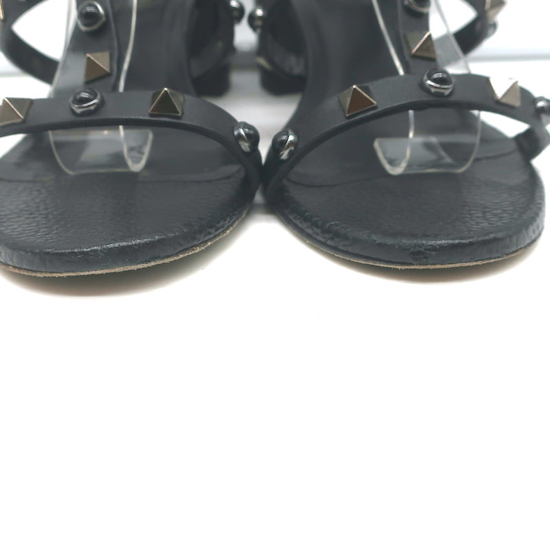 Valentino Rolling Rockstud Caged Ankle Sandals Black Grained Leather Size 36