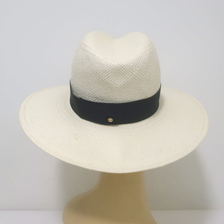 Janessa Leone Michon Straw Fedora Hat Bleach with Black Band Size Medium