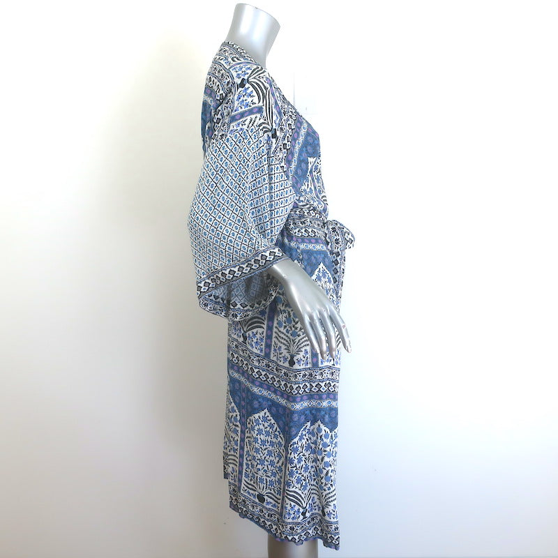 Boteh Belted Midi Robe Dress Blue Printed Crepe Size Medium