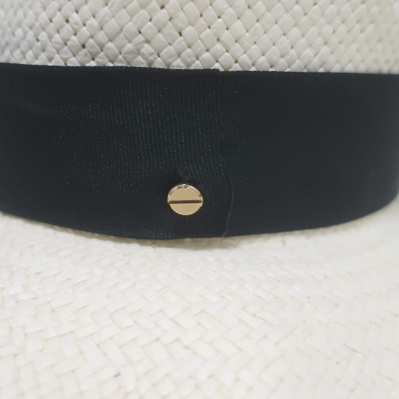 Janessa Leone Michon Straw Fedora Hat Bleach with Black Band Size Medium