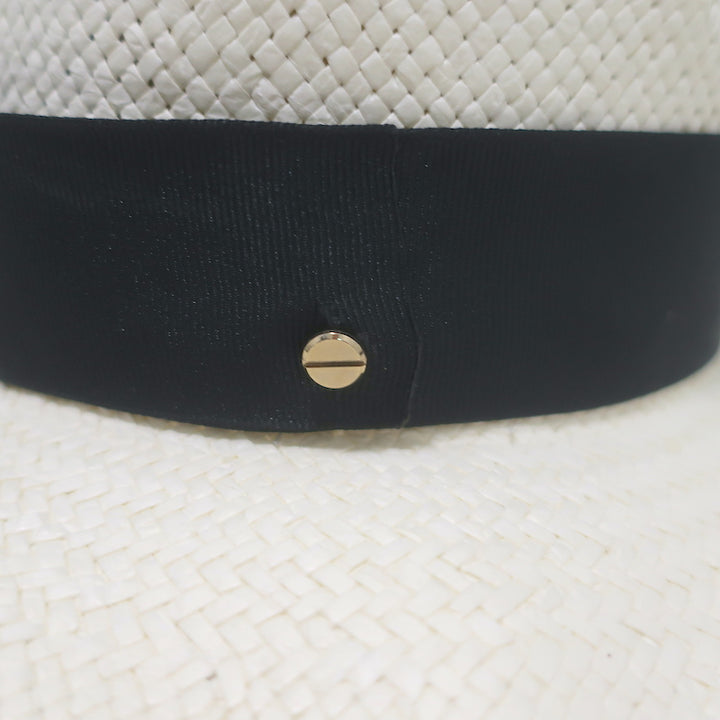 Janessa Leone Michon Straw Fedora Hat Bleach with Black Band Size Medium