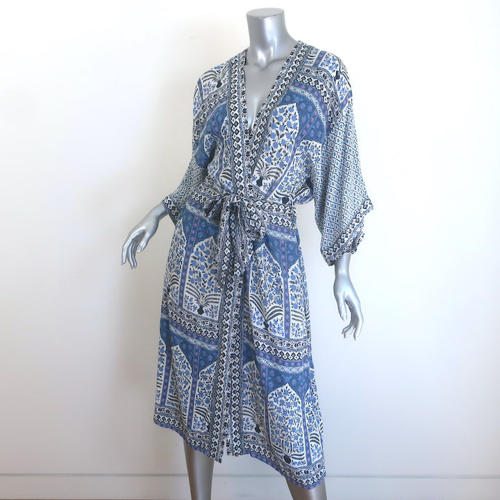 Boteh Belted Midi Robe Dress Blue Printed Crepe Size Medium