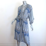 Boteh Belted Midi Robe Dress Blue Printed Crepe Size Medium