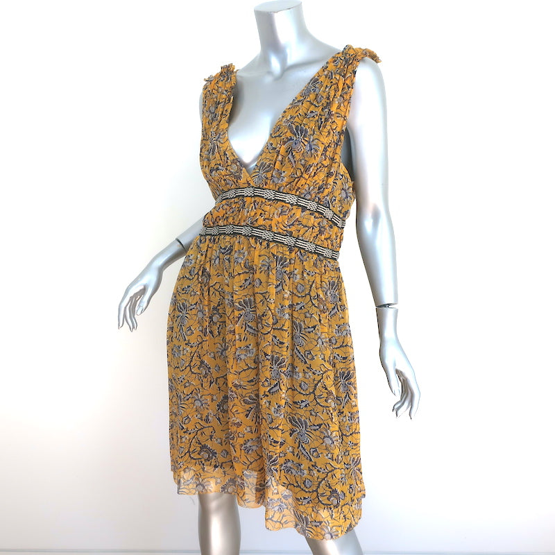 Isabel Marant Etoile Mini Dress Balzan Yellow Printed Silk Georgette Size 42
