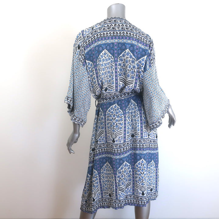 Boteh Belted Midi Robe Dress Blue Printed Crepe Size Medium