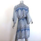 Boteh Belted Midi Robe Dress Blue Printed Crepe Size Medium