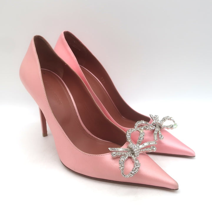 Amina Muaddi Rosie Crystal-Bow Pumps Light Rose Pink Satin Size 37.5