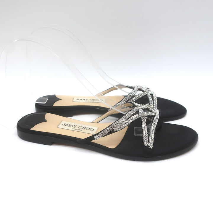 Jimmy Choo Choi Crystal-Embellished Flat Slide Sandals Black Satin Size 37