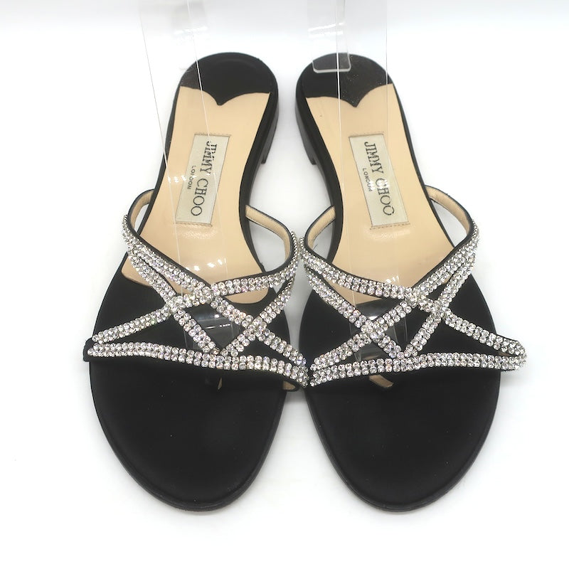 Jimmy Choo Choi Crystal-Embellished Flat Slide Sandals Black Satin Size 37