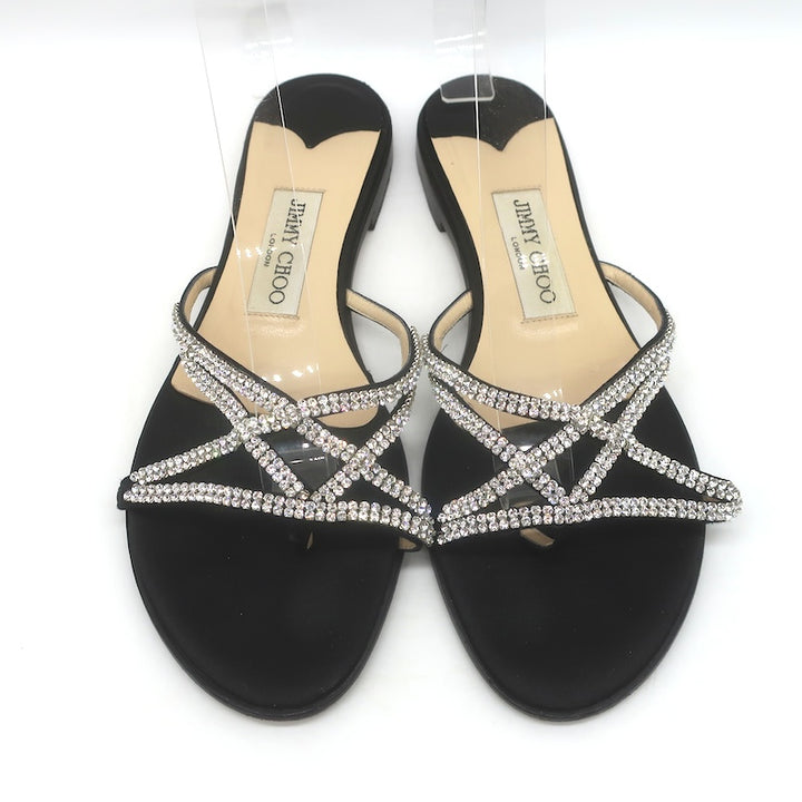 Jimmy Choo Choi Crystal-Embellished Flat Slide Sandals Black Satin Size 37