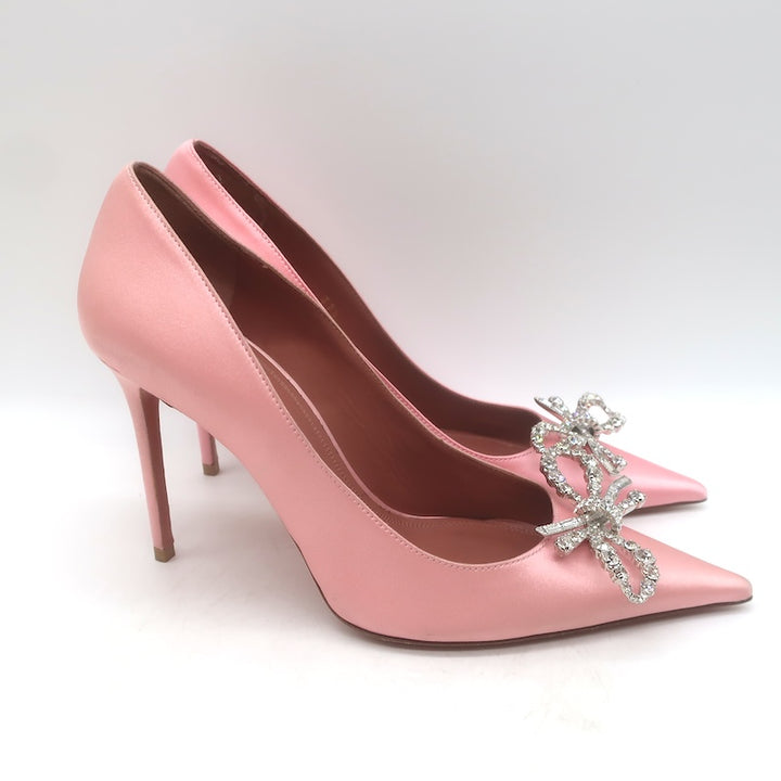 Amina Muaddi Rosie Crystal-Bow Pumps Light Rose Pink Satin Size 37.5