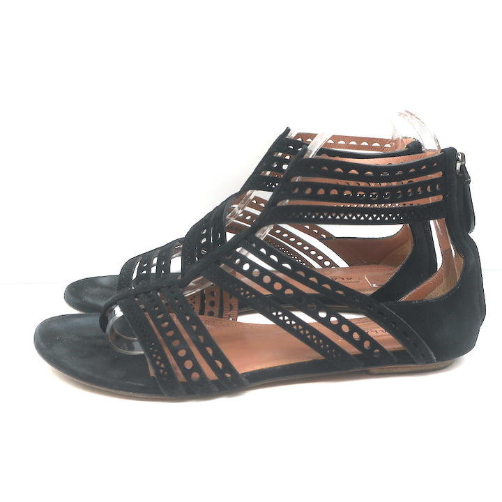 Alaia Laser Cut Suede Thong Gladiator Sandals Black Size 37.5