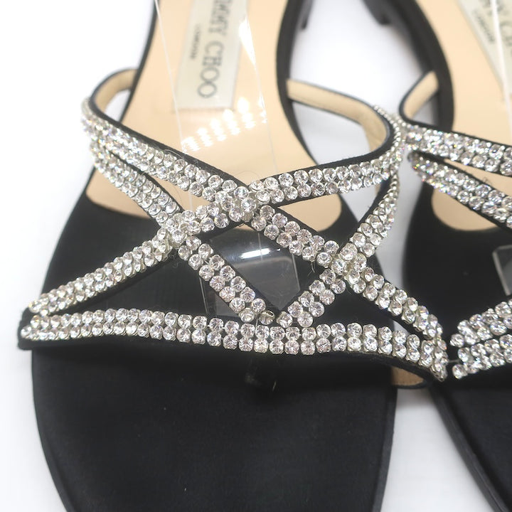 Jimmy Choo Choi Crystal-Embellished Flat Slide Sandals Black Satin Size 37