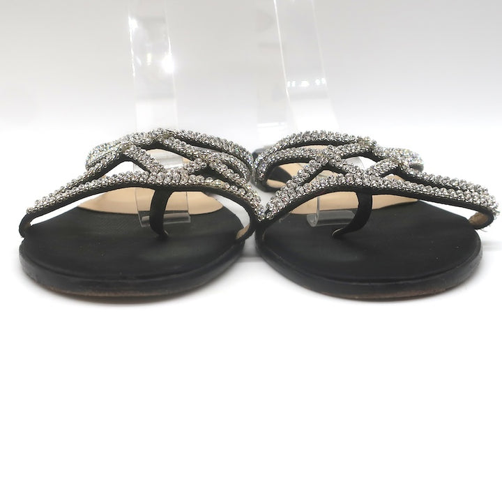 Jimmy Choo Choi Crystal-Embellished Flat Slide Sandals Black Satin Size 37