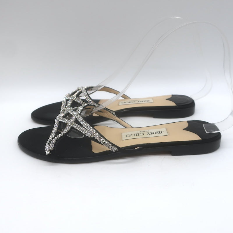 Jimmy Choo Choi Crystal-Embellished Flat Slide Sandals Black Satin Size 37