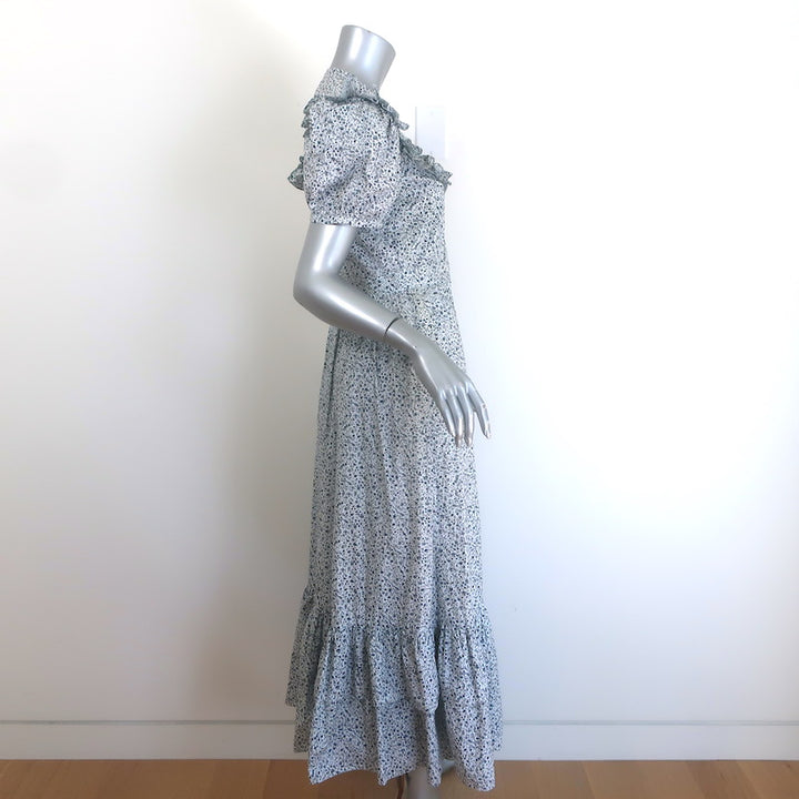 Doen Jolie Puff Sleeve Maxi Dress White/Blue Floral Print Cotton Size Small