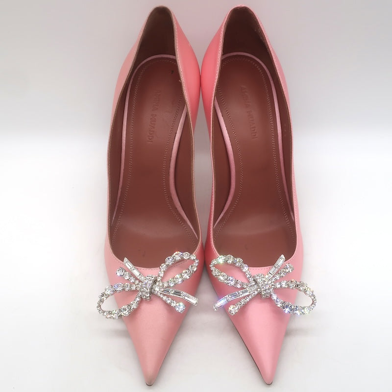Amina Muaddi Rosie Crystal-Bow Pumps Light Rose Pink Satin Size 37.5