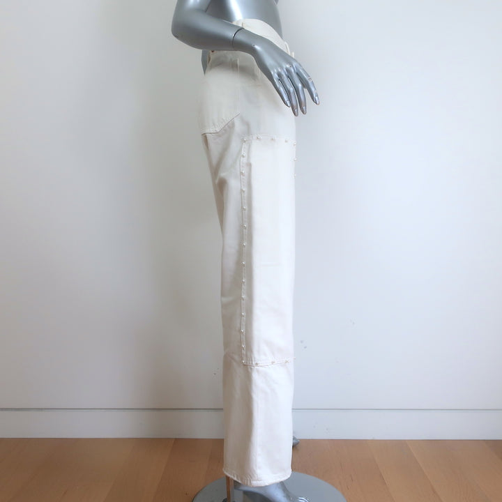 Purple Brand Pearl-Embellished High Rise Carpenter Jeans Cream Denim Size 24