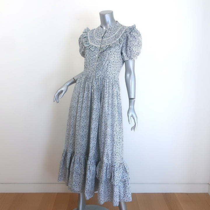 Doen Jolie Puff Sleeve Maxi Dress White/Blue Floral Print Cotton Size Small
