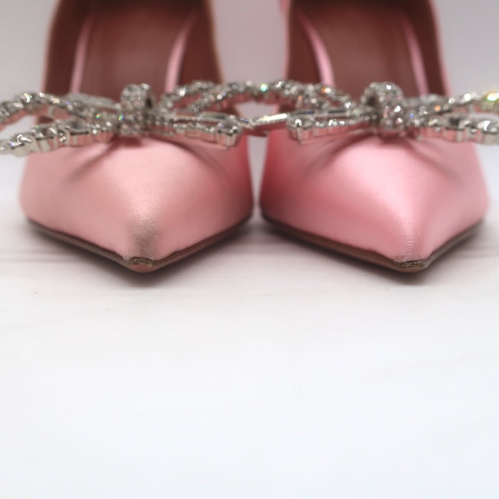 Amina Muaddi Rosie Crystal-Bow Pumps Light Rose Pink Satin Size 37.5