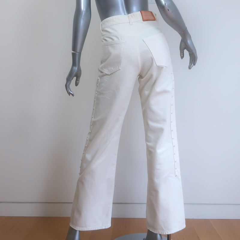 Purple Brand Pearl-Embellished High Rise Carpenter Jeans Cream Denim Size 24