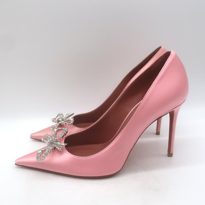 Amina Muaddi Rosie Crystal-Bow Pumps Light Rose Pink Satin Size 37.5