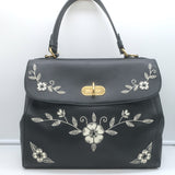 Ralph Lauren Tiffin Medium Shoulder Bag Black Floral-Embroidered Leather
