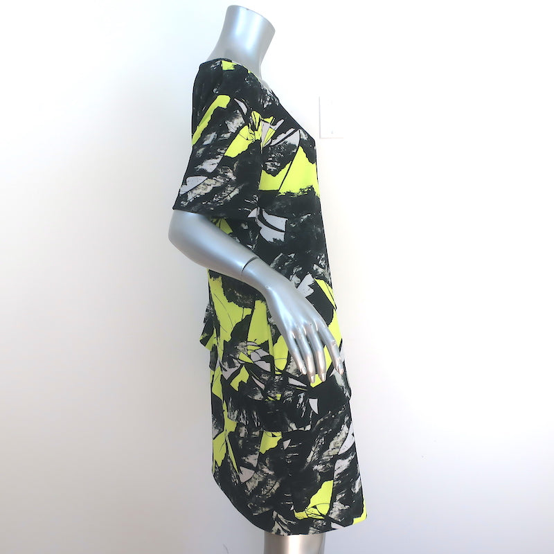 Kenzo Dress Black/Yellow Printed Stretch Crepe Size Large Short Sleeve Shift