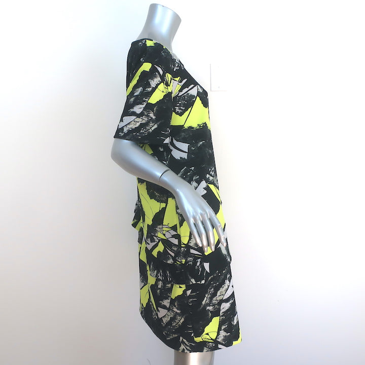 Kenzo Dress Black/Yellow Printed Stretch Crepe Size Large Short Sleeve Shift