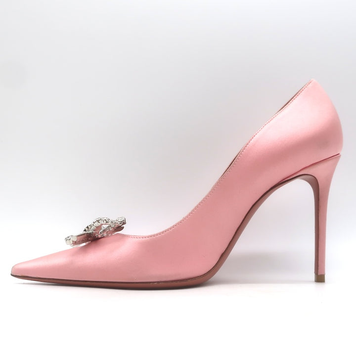 Amina Muaddi Rosie Crystal-Bow Pumps Light Rose Pink Satin Size 37.5