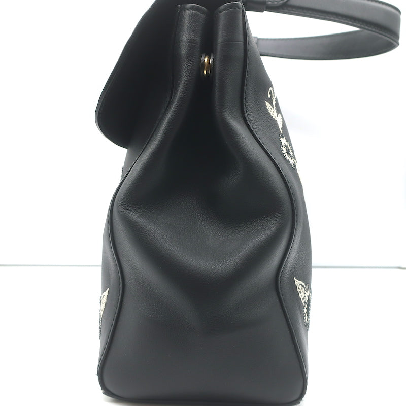 Ralph Lauren Tiffin Medium Shoulder Bag Black Floral-Embroidered Leather
