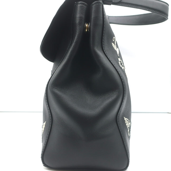 Ralph Lauren Tiffin Medium Shoulder Bag Black Floral-Embroidered Leather