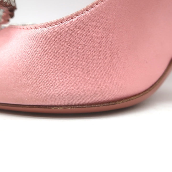 Amina Muaddi Rosie Crystal-Bow Pumps Light Rose Pink Satin Size 37.5