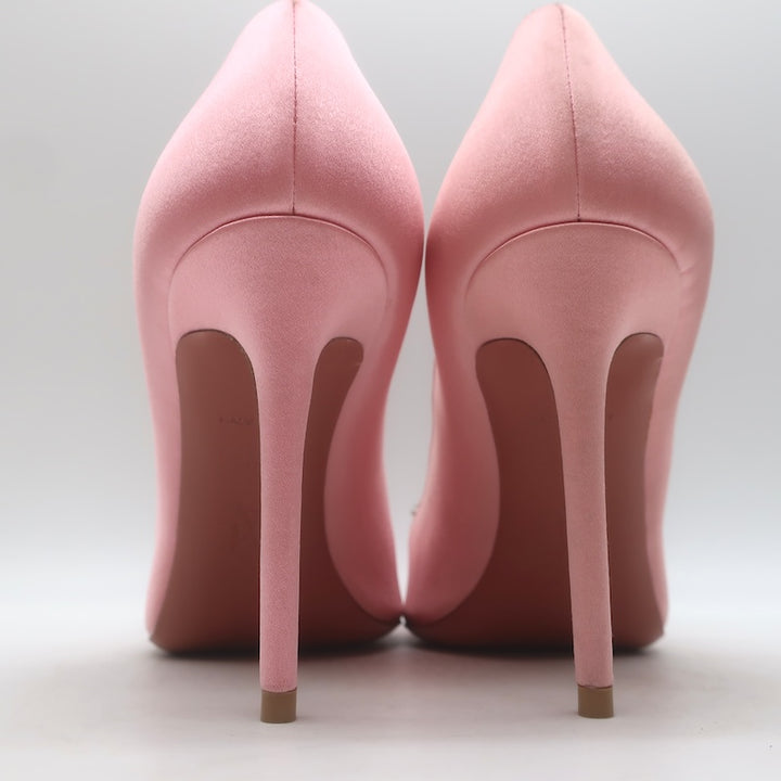 Amina Muaddi Rosie Crystal-Bow Pumps Light Rose Pink Satin Size 37.5