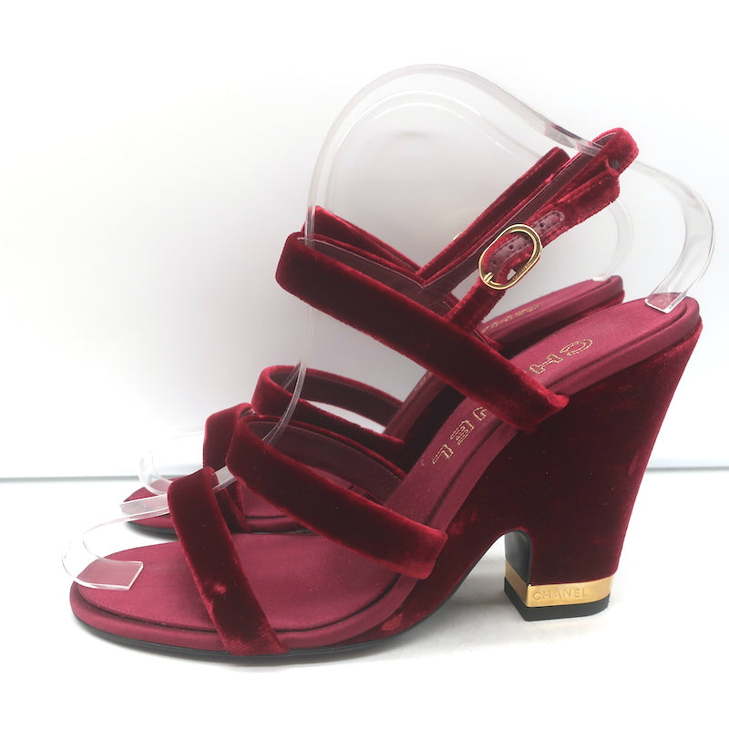 Chanel 17A Chain CC Velvet Wedge Sandals Burgundy Size 39 Slingback Heels
