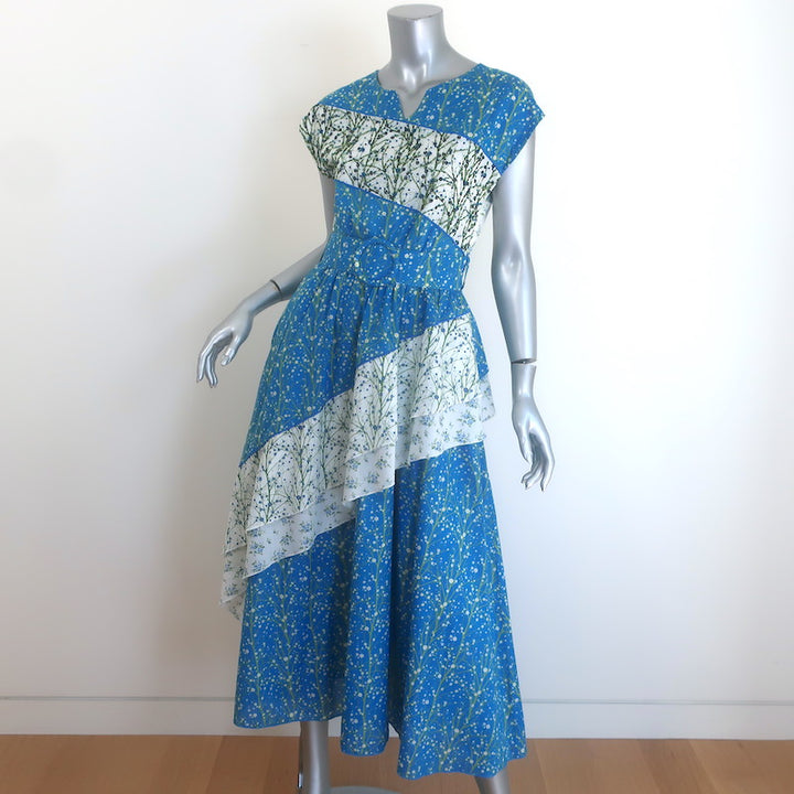Gul Hurgel Beaded Mixed Floral Print Belted Midi Dress Blue/White Size Small