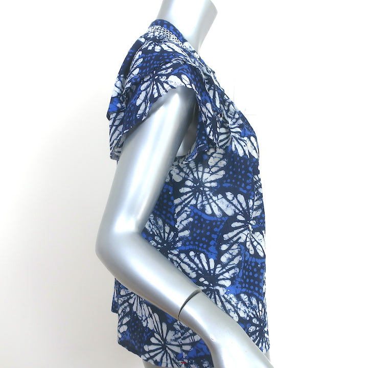 Xirena Top Sumer Blue Batik Print Cotton Size Small Flutter Sleeve Blouse