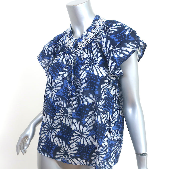 Xirena Top Sumer Blue Batik Print Cotton Size Small Flutter Sleeve Blouse