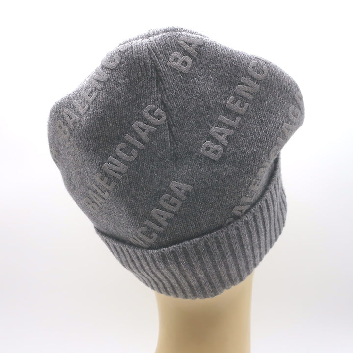 Balenciaga Allover Logo Beanie Gray Cashmere-Wool One Size NEW