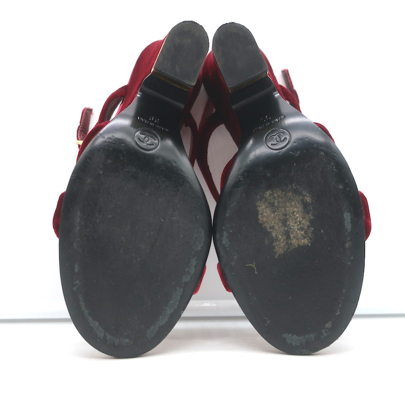 Chanel 17A Chain CC Velvet Wedge Sandals Burgundy Size 39 Slingback Heels