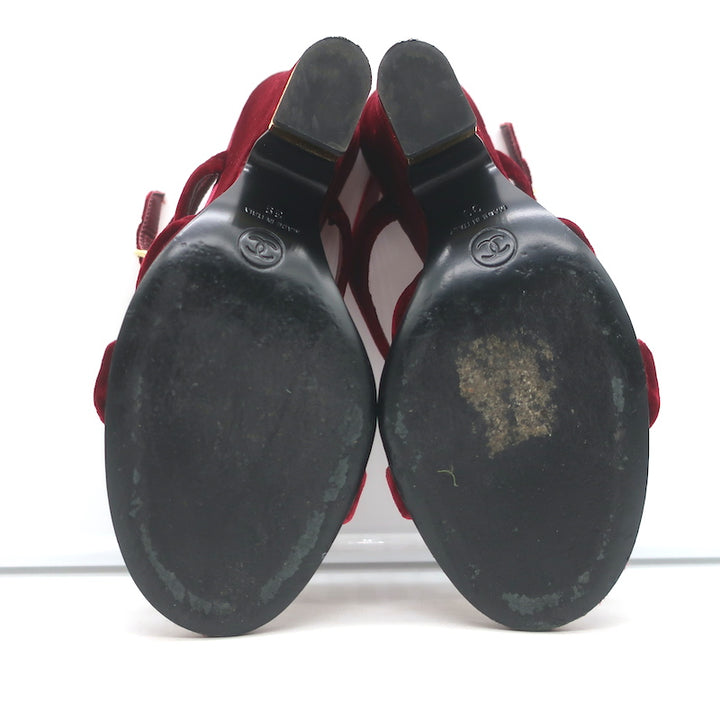 Chanel 17A Chain CC Velvet Wedge Sandals Burgundy Size 39 Slingback Heels