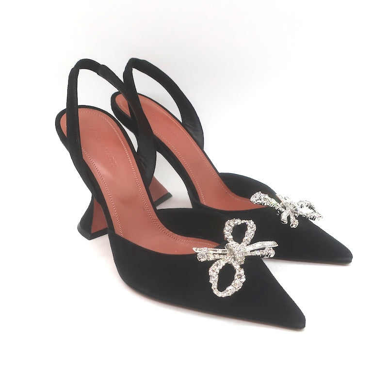 Amina Muaddi Rosie 95 Crystal-Bow Slingback Pumps Black Suede Size 38