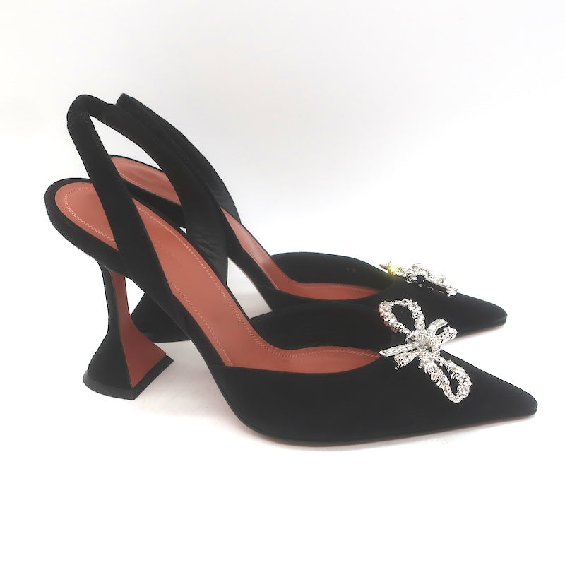 Amina Muaddi Rosie 95 Crystal-Bow Slingback Pumps Black Suede Size 38