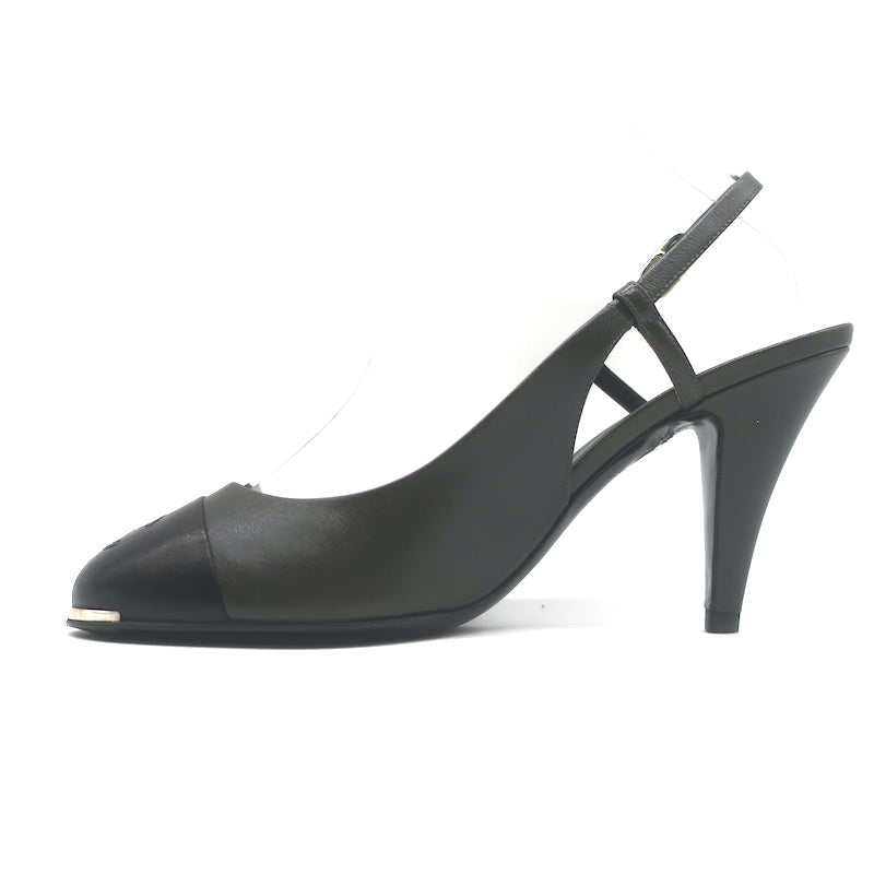 Chanel CC Cap Toe Slingback Pumps Dark Gray &amp; Black Leather Size 39