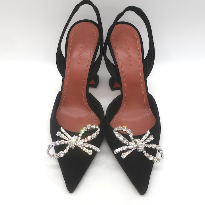 Amina Muaddi Rosie 95 Crystal-Bow Slingback Pumps Black Suede Size 38